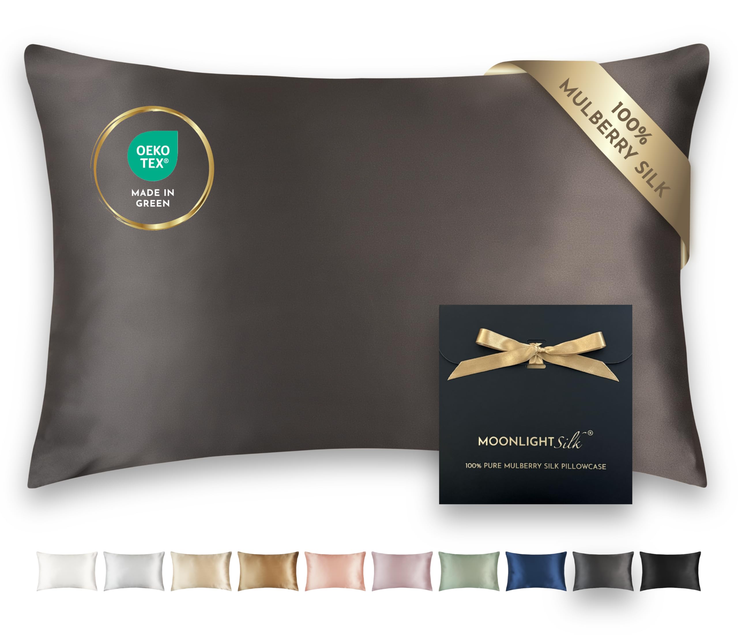 MOONLIGHT Silk 100% Silk Pillowcase 50x75cm - 22 Momme Shiny Mulberry Silk, Grade 6A, Oeko-Tex Certified - Hydrated and Wrinkle-Free Skin (Dark Grey)