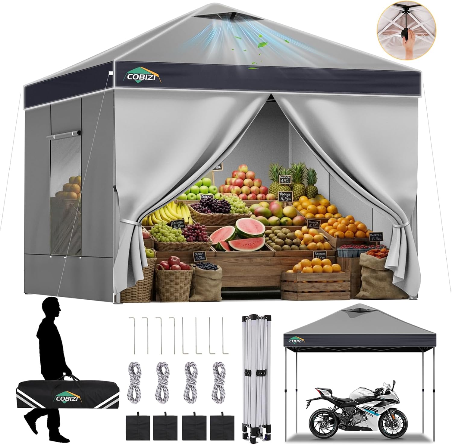 COBIZI 10x20 Pop Up Canopy Tent with 6 Removable Sidewalls, Easy Up Outdoor Canopy, UPF 50+ and Waterproof, Air Vent & Reflective Strip, 3 Adjustable Heights for Party,Wedding,Commercial-Sil Gray/Gray