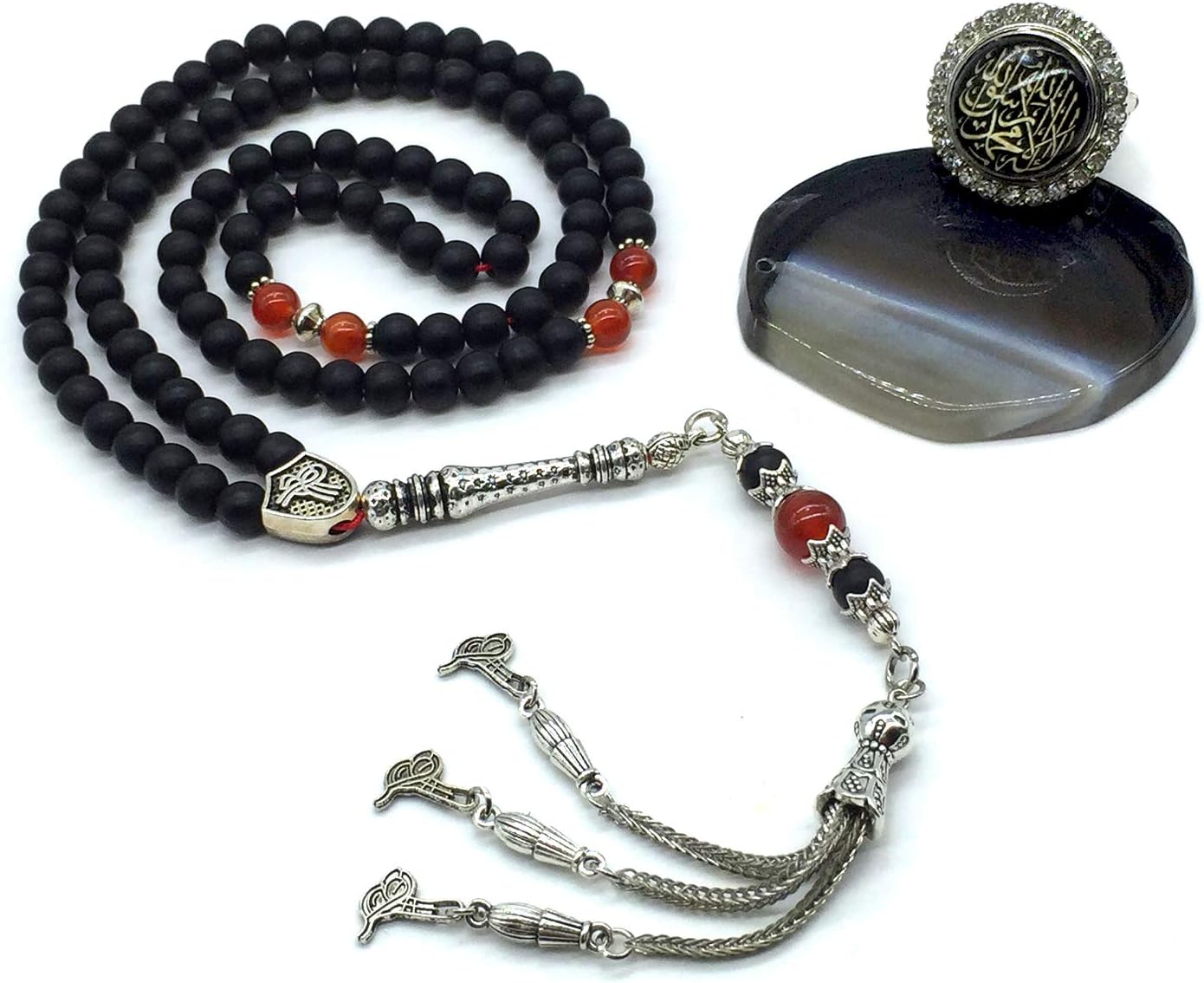-Black Matte Agate Stone -6mm -99 Small Beads - Worry Beads with Matching Stretch Ring - Elastic Ring with Replaceable Snap Button -Tesbih-Tasbih-Misbaha-Subha-Sibha-Rosary
