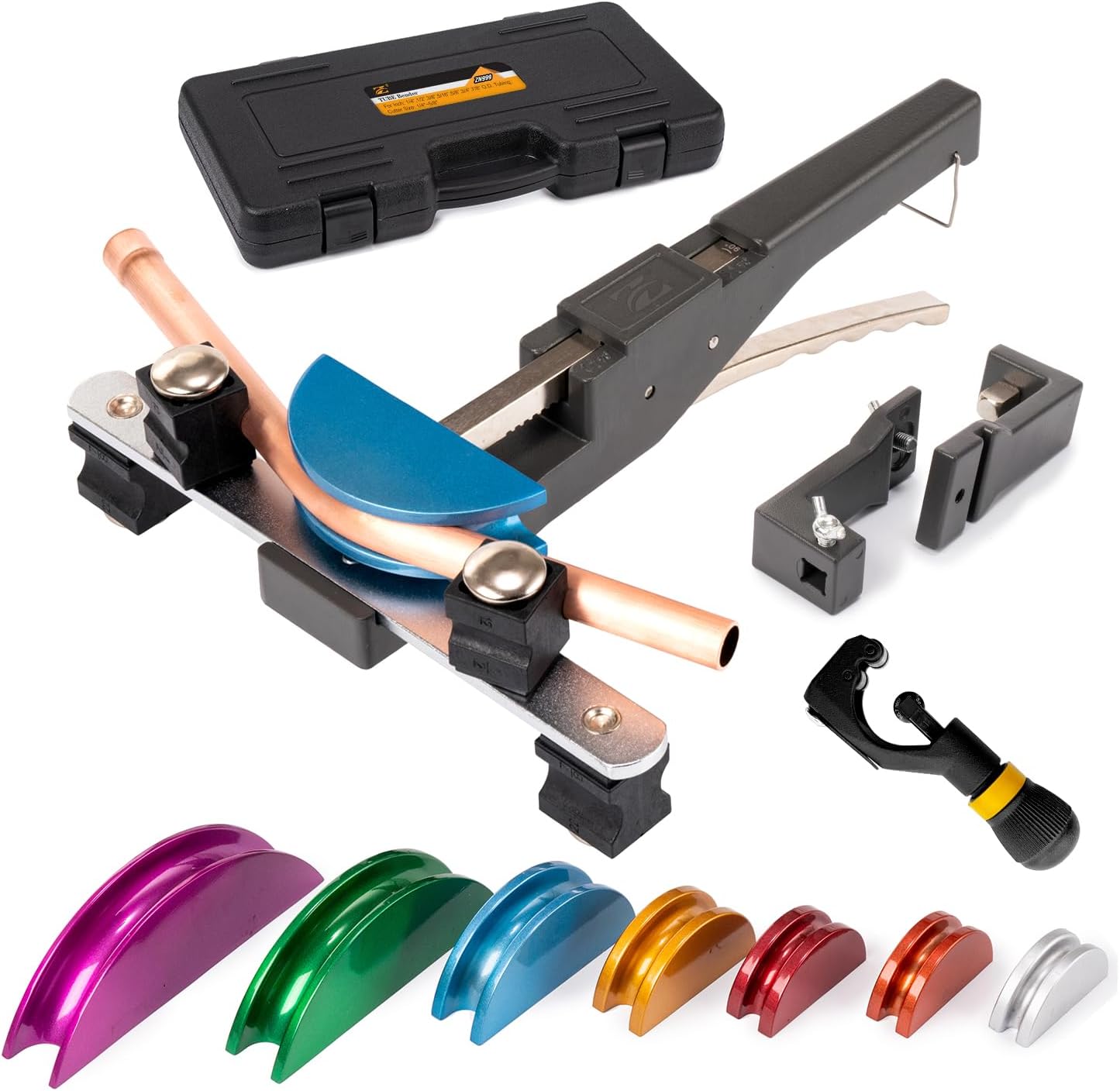 Z ZN999 Pipe Bender Kit, 1/4"-7/8" O.D., with 7 Size Dies & Pipe Cutter, 90° Reverse Bending Tool for HVAC/Air Conditioner/Fridge Repair & Hydraulic Work