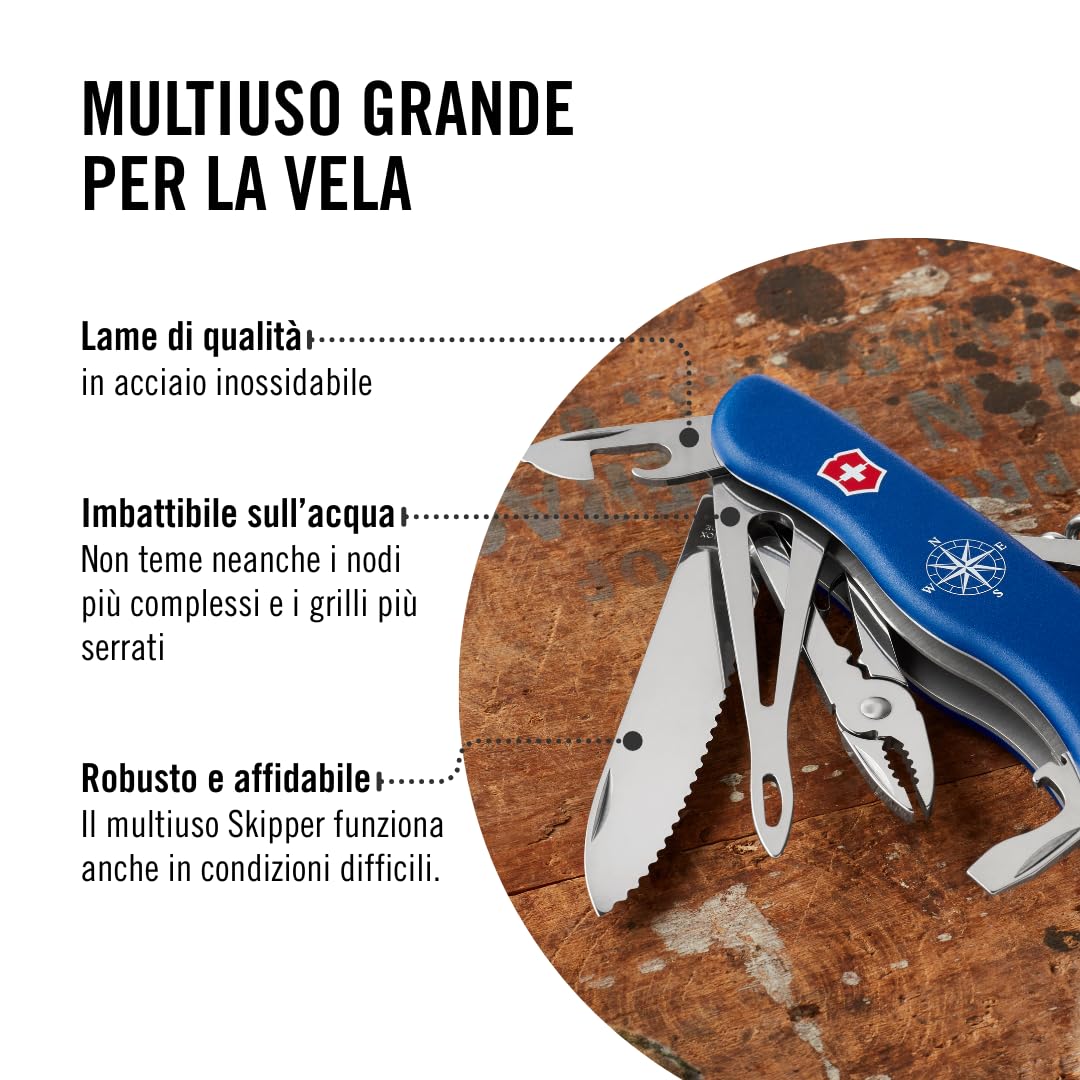 Victorinox Multiuso Skipper, Multiuso per la Vela, 5 Funzioni, Made in Switzerland, Multi-strumento con Lama Grande Ondulata, Lama Bloccabile, Blu