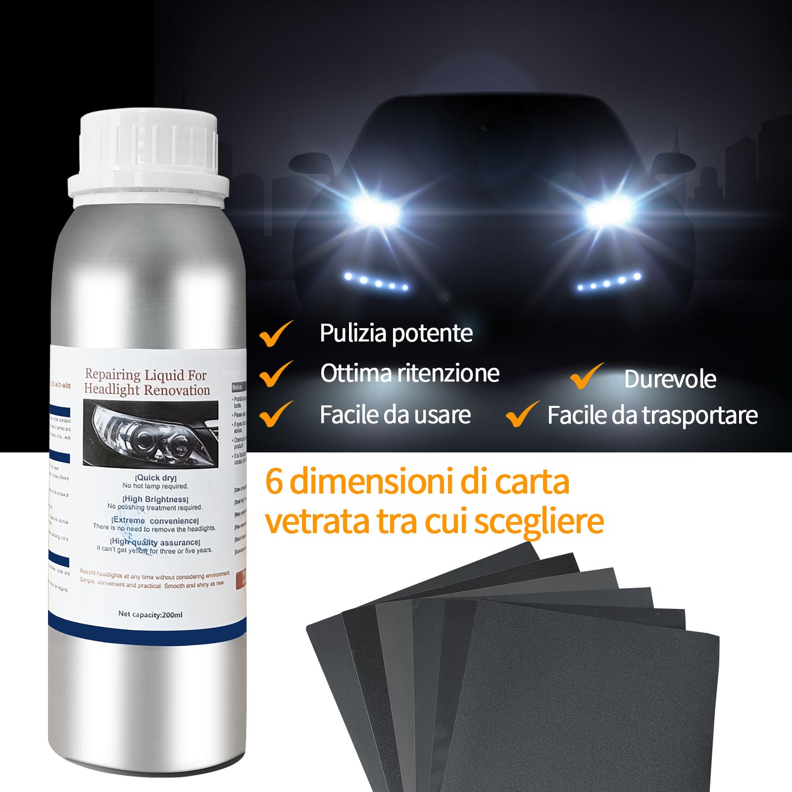 Kit Ripristino Fari Auto Completo - Lucidatura Per Ingiallimento E Graffi, Con Cavi E Accessori