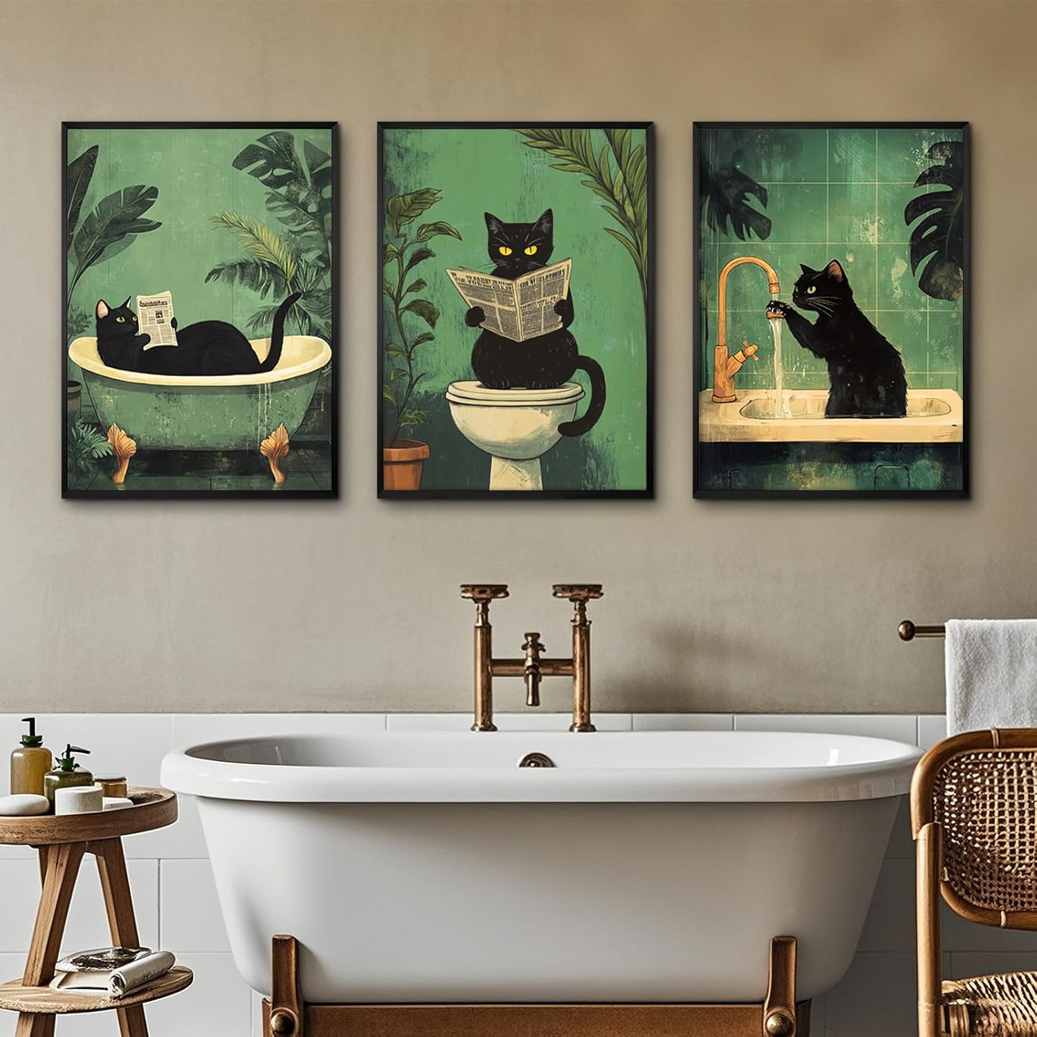Cat Bathroom Wall Art Funny Canvas Wall Decor Black Cat Pictures Cute Prints Funny Bathroom Poster Green Toilet Art Vintage Painting Artwork Cute Posters for Toilet Washroom 12x16x3 Inch Unframed - Image 4