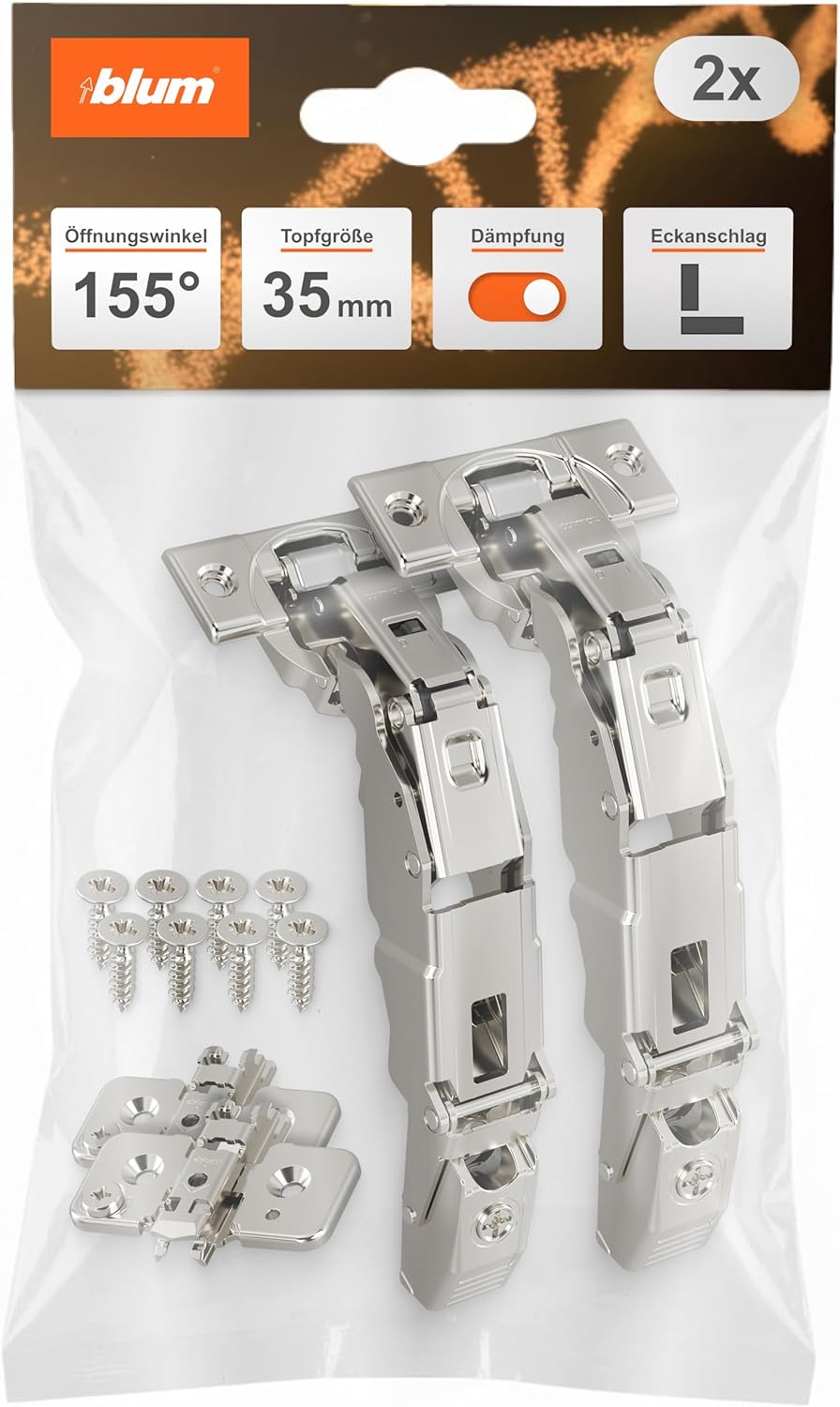 Blum Clip top Blumotion Wide Angle Hinge 155° - Corner Stop, 0 Input, 35 mm Pot, Screws, Nickel-Plated