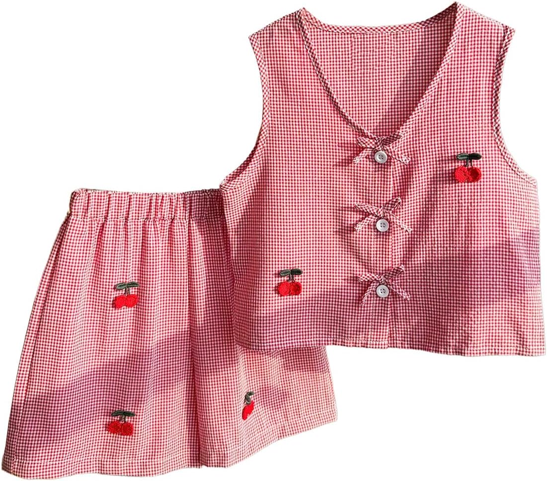 SweatyRocks Girl's 2 Piece Summer Cute Outfits Cherry Embroidery Bow Button Up Tank Top and Shorts Sets