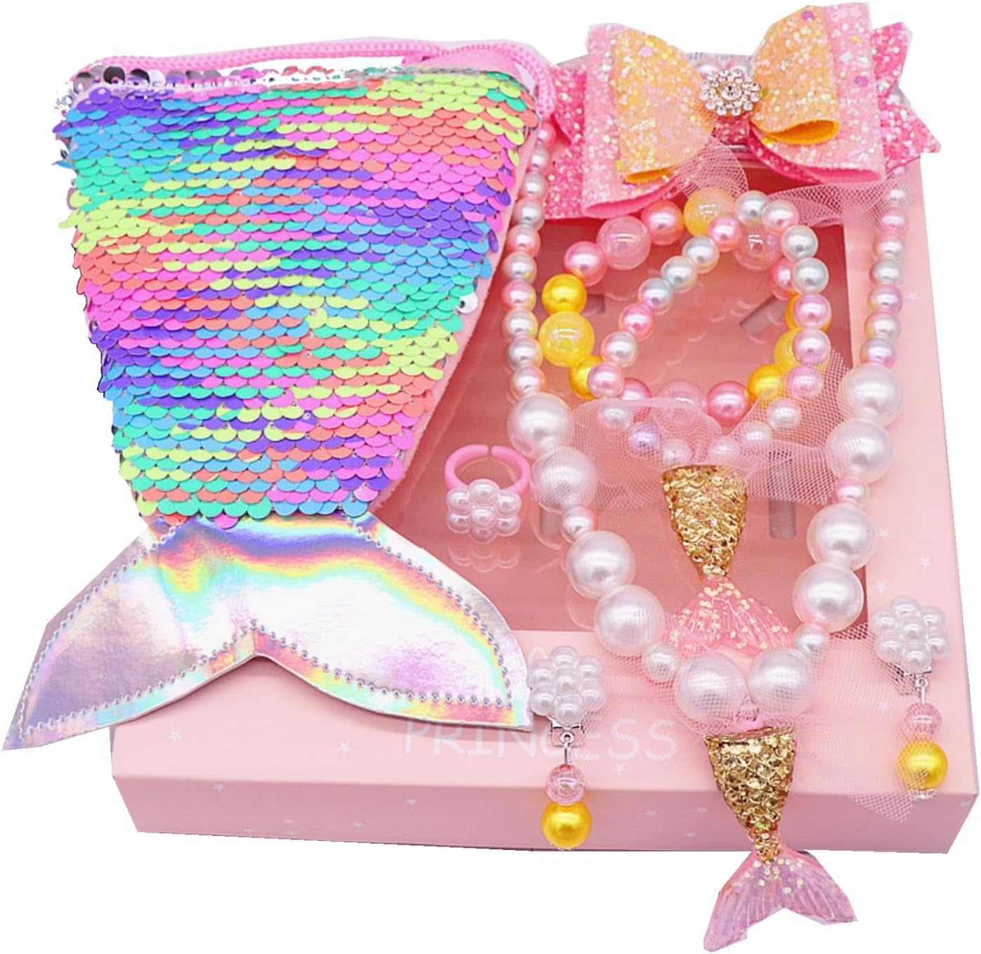 Mermaid Jewelry for Girls 4-6 Years Old, Mermaid Necklace Bracelet Set Included Necklace Bracelet Ring Hair Clip Earrings Ring Pretend Play Mermaid Party Decorations
