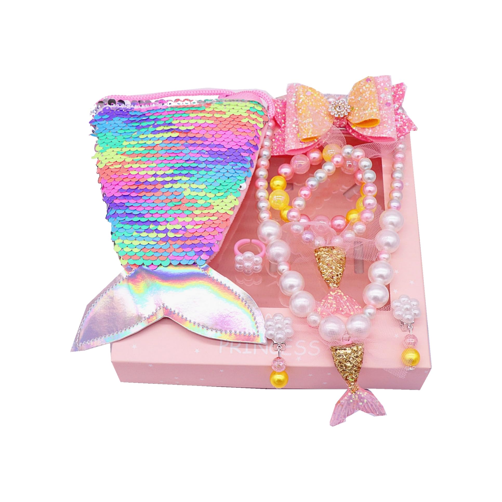 Mermaid Jewelry for Girls 4-6 Years Old, Mermaid Necklace Bracelet Set Included Necklace Bracelet Ring Hair Clip Earrings Ring Pretend Play Mermaid Party Decorations