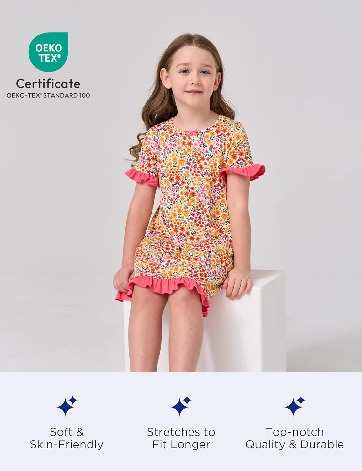 Bamboo Viscose Girls Nightgowns Ruffle Short Sleeve Crew Neck Girls' Sleepwear - Image 4