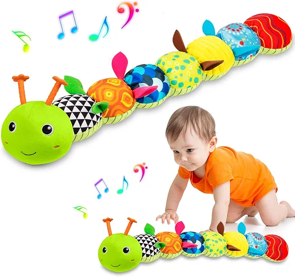 Baby Toys Musical Caterpillar, Infant Stuffed Animal for 0-6 6-12 Months with Crinkle and Rattles, Tummy Time Sensory Toys Newborn Boys Girls Gifts 0 3 6 9 12 Months - Green