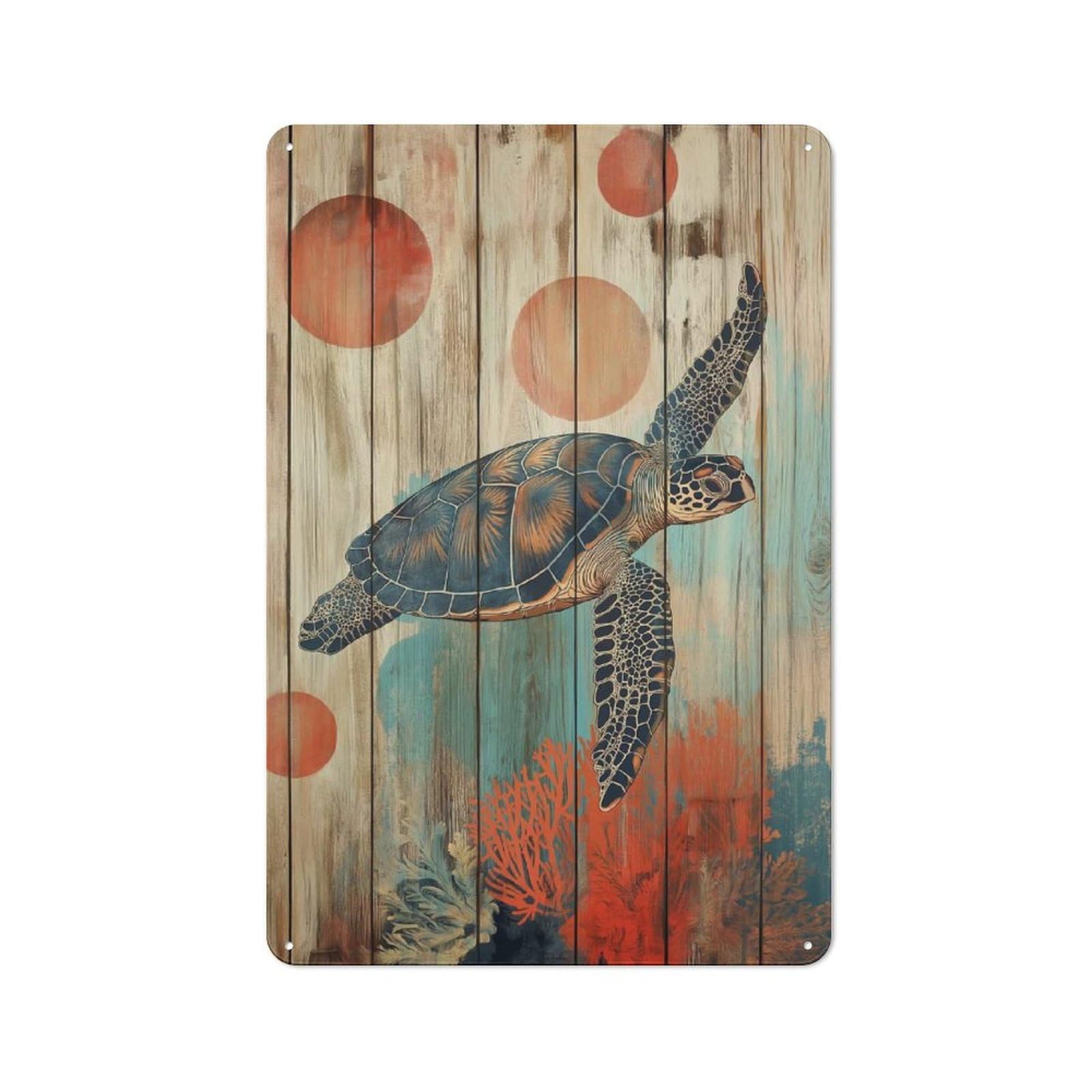 Junmoney Sea Turtle On Wood Panel Art Turtle Wall Art Distressed Look Decorative Tin Sign 30X20cm, Vintage Wall Decor For Lounge, Study, Pub Or Wall Gallery