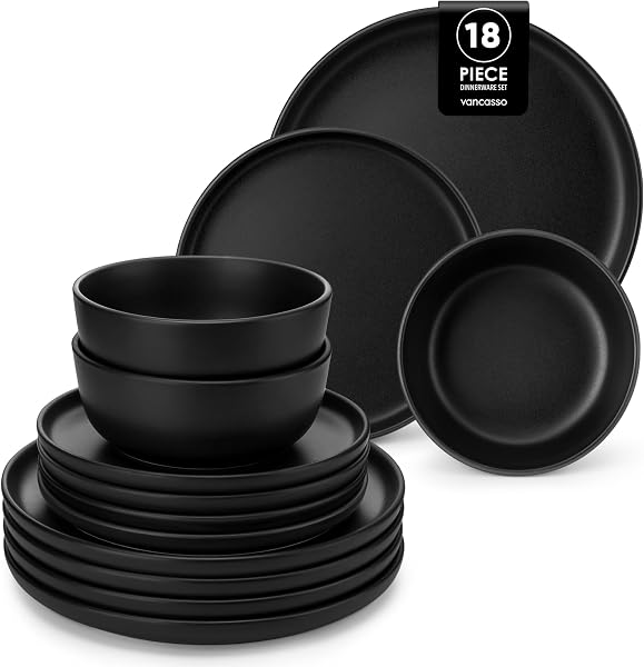 vancasso Serie PLAYA Servizio Piatti 6 Persone, Set Piatti 18 Pezzi, Piatti Moderni in Gres - 6 Piatti Piani, 6 Piatti Dessert e 6 Ciotole Cereali - Adatto per Lavastoviglie e Microonde, Nero Opaco - 1