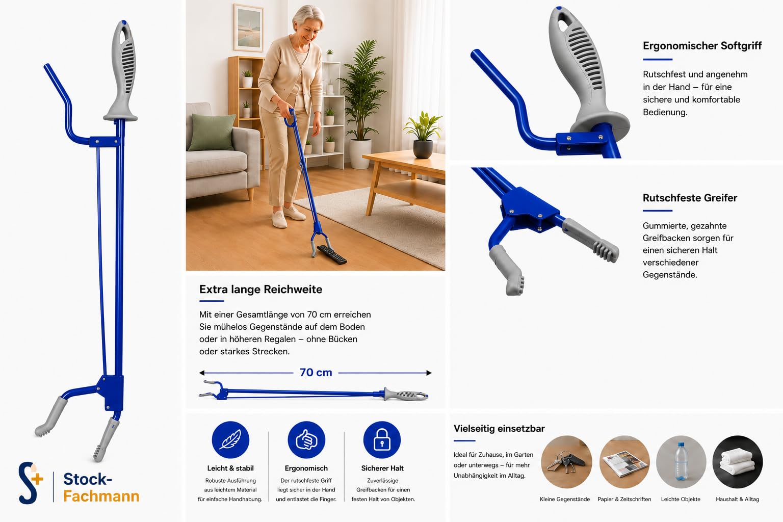 Greifhilfe RFM Classic 70 cm, blau | Ergonomischer Softgriff Drehbarer Greifkopf Rutschfeste Greifbacken Magnet an der Spitze Belastbar bis 2 kg