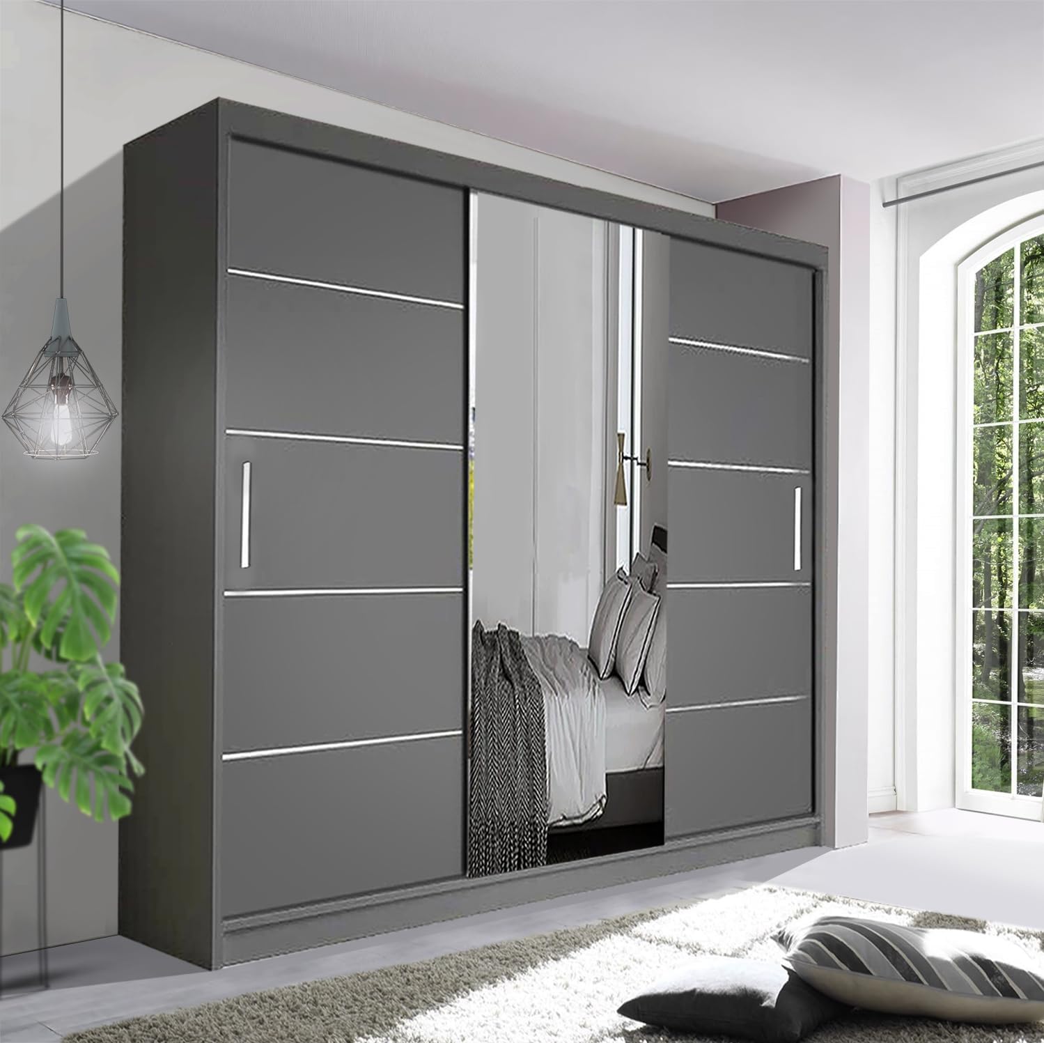 Spacious Bedroom Sliding Wardrobe - Sleek and Functional Design comes in White/Grey/Black/Oak and Width 120cm/150cm/180cm/203cm/250cm (Grey, 250cm)