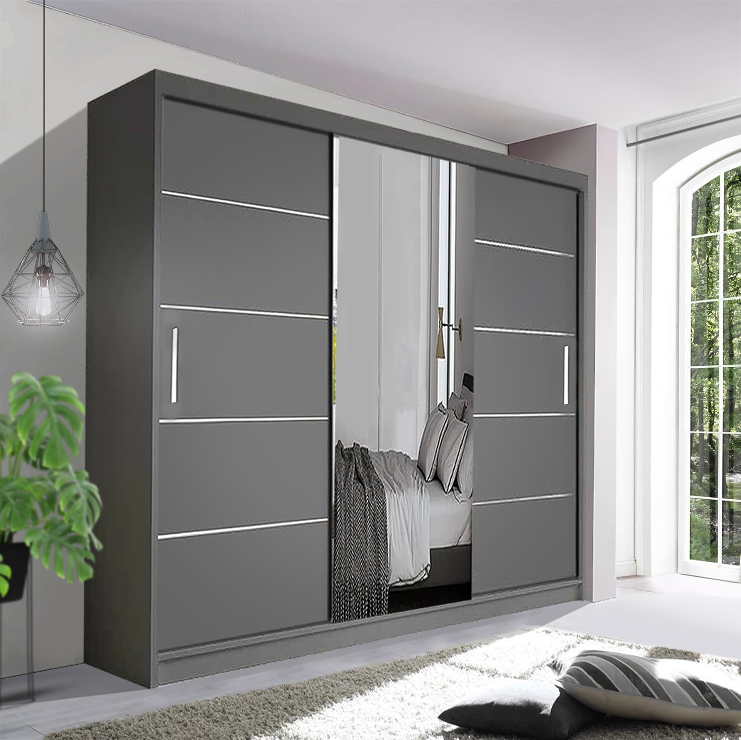 German Sliding Wardrobe Spacious Bedroom Sliding Wardrobe - Sleek and Functional Design comes in White/Grey/Black/Oak and Width 120cm/150cm/180cm/203cm/250cm (Grey, 250cm)
