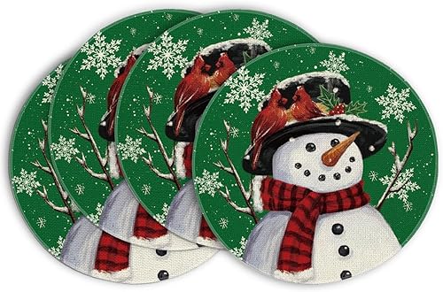 Miniatura 19 de Artoid Mode Juego de 4 manteles individuales de invierno con muñeco de nieve gris, 14 pulgadas, manteles redondos estacionales de Navidad para
