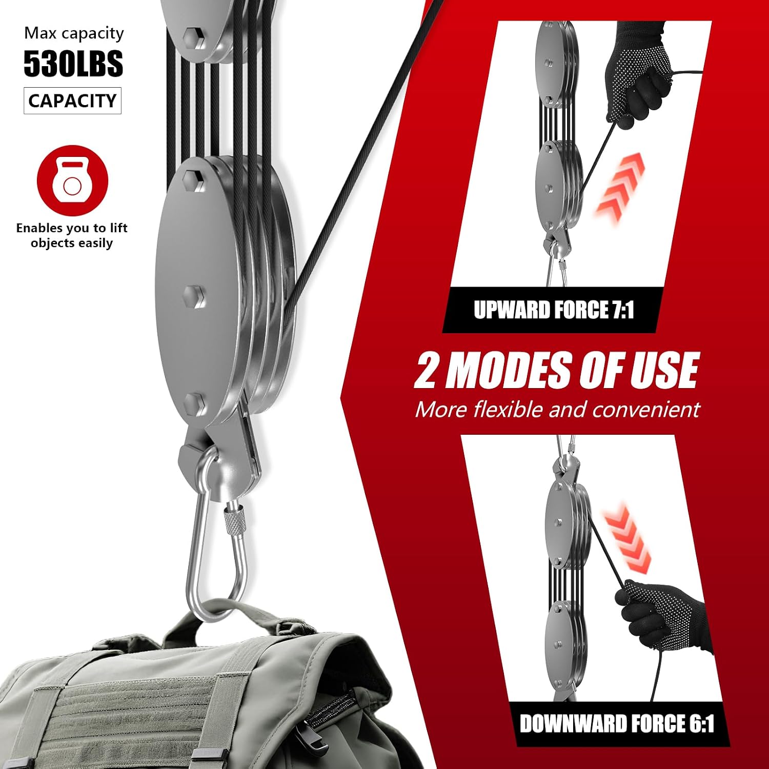 Diagram illustrating two modes of use for the YATOINTO Rope Hoist Pulley System: Upward Force 7:1 and Downward Force 6:1.