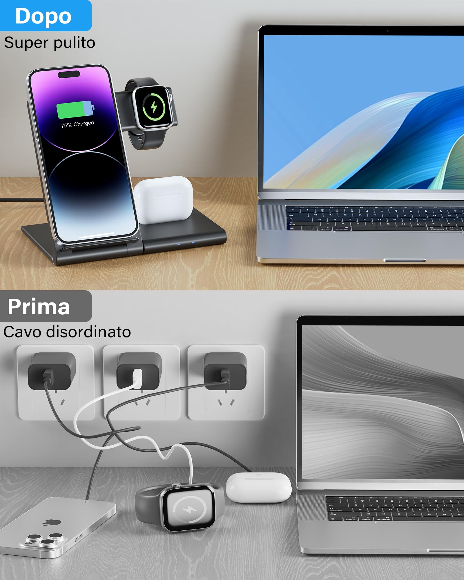 3 in 1 Caricatore Wireless per iPhone 11/12/13/14/15/XS/X/8 serie, for Apple Watch 9/Ultra/8/7/6/SE/5/4/3/2, Stazione Ricarica per Air Pods 1/2/3/Pro/Pro2 (nero)