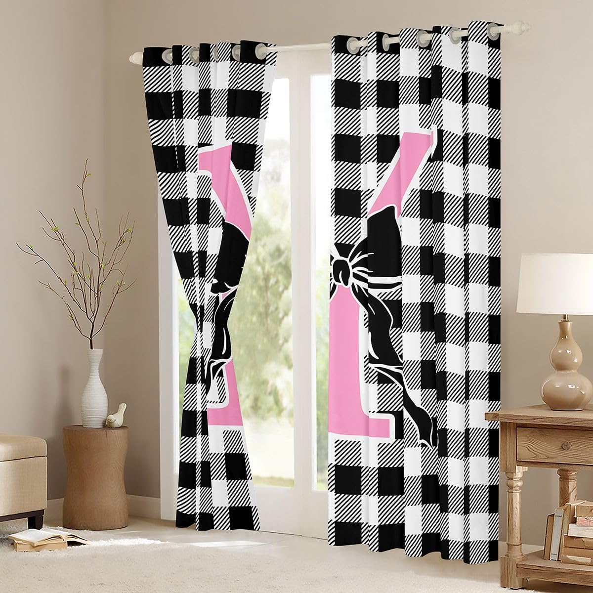 Feelyou Black Pink Bow Curtains for Bedroom Living Room Personalized Letter Y Blackout Darkening Drapes Cute Plaid Checkered Window Treatments, 2 Panels 52 x 63 Inch Dreamy Geometric Room Decor