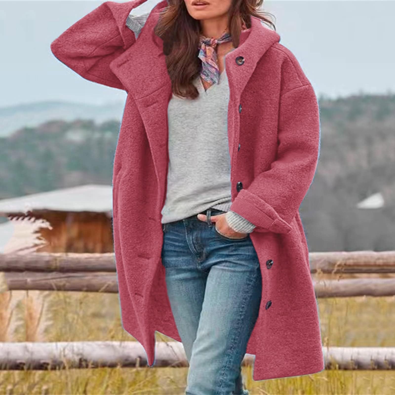 FUPODD Wintermantel Damen Lang Wolle Kapuzenjacke Mit Knöpfen Wollmantel Damen Winter Winterjacke Warm Mantel Mit Kapuze Damenmantel Oversized Trenchcoat Winddicht Wolljacke Frauen Casual Outwear