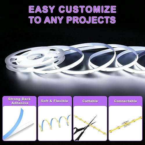 Miniatura 8 de MIWISE COB - Tira de luz LED de 32.8 pies, CRI 90+ luz diurna blanca 6000 K de alto lumen regulable, súper brillante, flexible, DC24V, cinta de luz