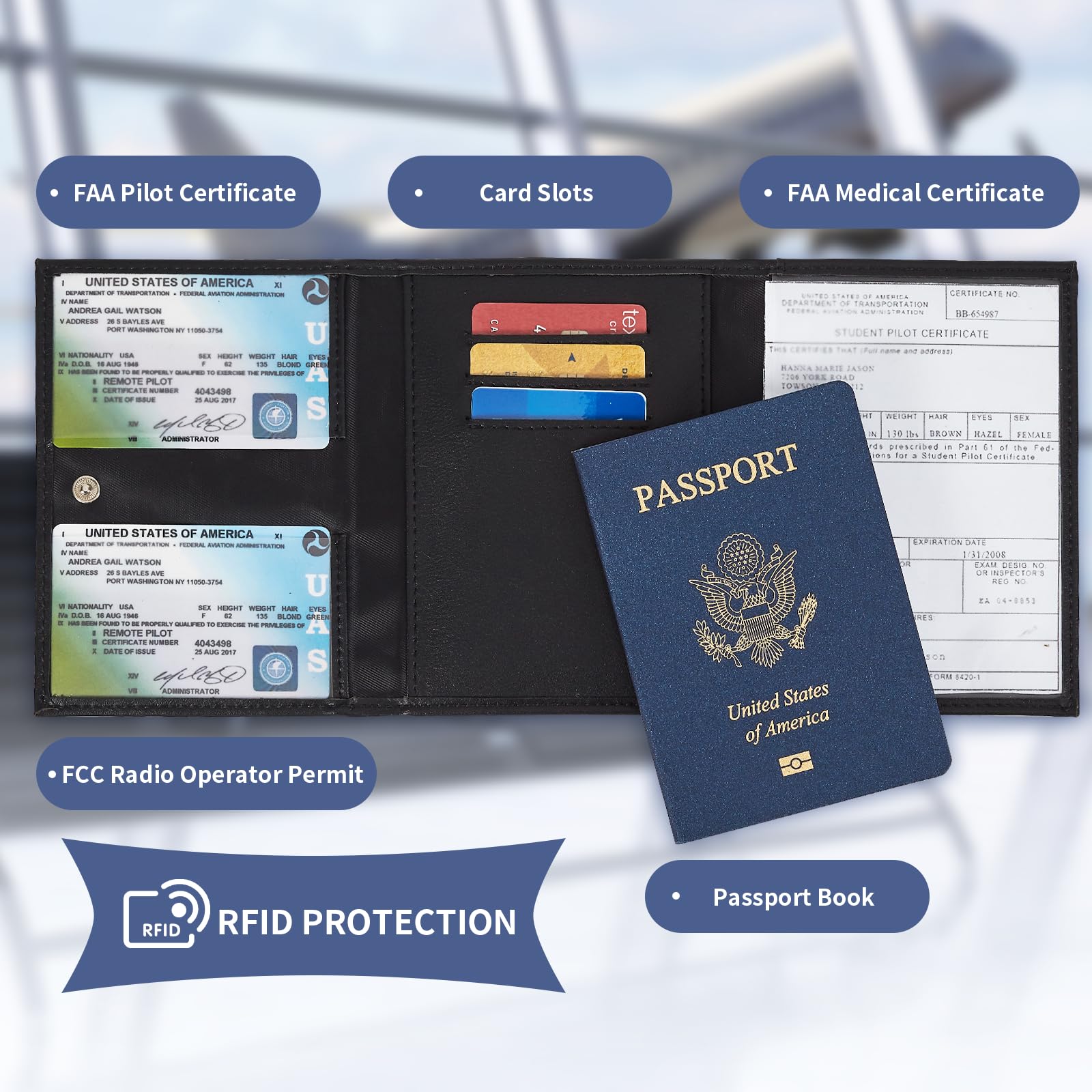 Billetera de piloto para pasaporte para viajes, bloqueo RFID, soporte de documentos de viaje de cuero genuino con caja de regalo, cartera de pasaporte para pilotos, hombres y mujeres, Negro -, Classic 2