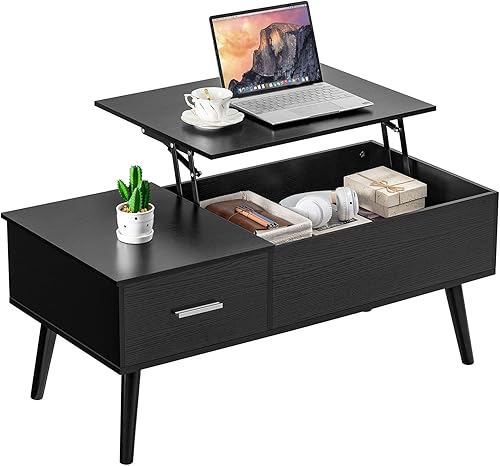 Iwell Mesa de centro elevable con compartimento y cajón ocultos, mesa de centro de mesa elevable con patas de madera de pino, moderna mesa de cóctel
