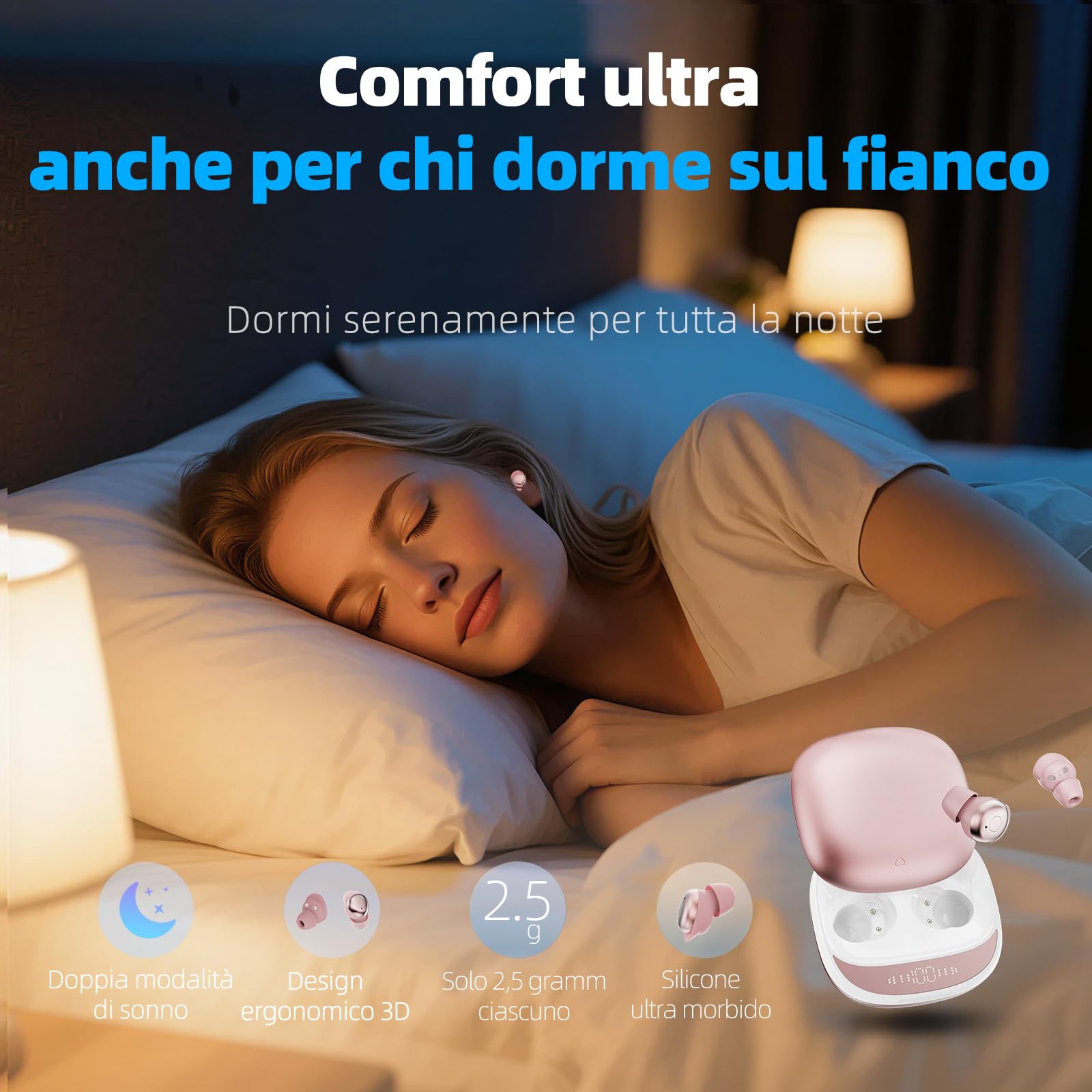Cuffie Bluetooth, Cuffie per Dormire sul Fianco, Auricolari Bluetooth 5.4 con Doppia Modalità Sonno, 40 Ore Mini Sleep Earbuds Bluetooth, 6 modalità EQ Mini In Ear Auricolari IPX7, Display LED