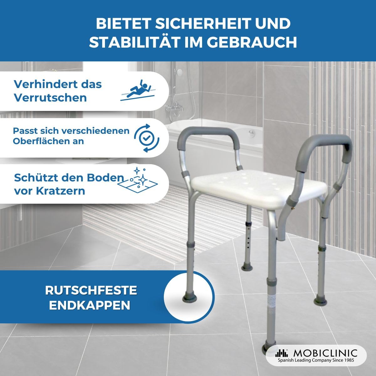 Mobiclinic®, Duschhocker, Höhenverstellbar, Mit Armlehnen, Acueducto, rutschfeste Spitzen, Ergonomisch, Licht, Max. 100 Kg, Aluminium, Weiß