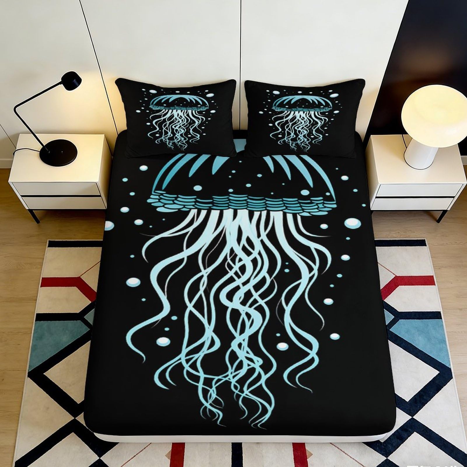 3D Printed Jellyfish Ocean Fitted Sheet Microfiber Anti-Slip Sea Creature Bed Cover for Bedroom Dorm Mattress Decor 90x200x25cm