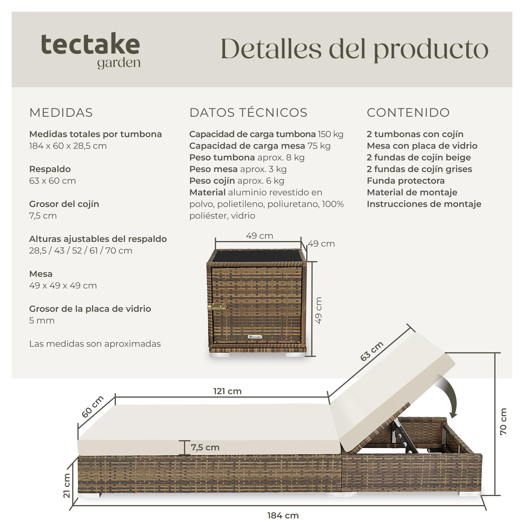 tectake® Set 2 Tumbonas de Ratán y Aluminio + Mesa Jardín, Tumbonas Piscina Respaldo Regulable, Tumbonas Playa Resistente a Rayos UV, Fácil Limpieza, Fundas Intercambiables, Funda Protectora - natural