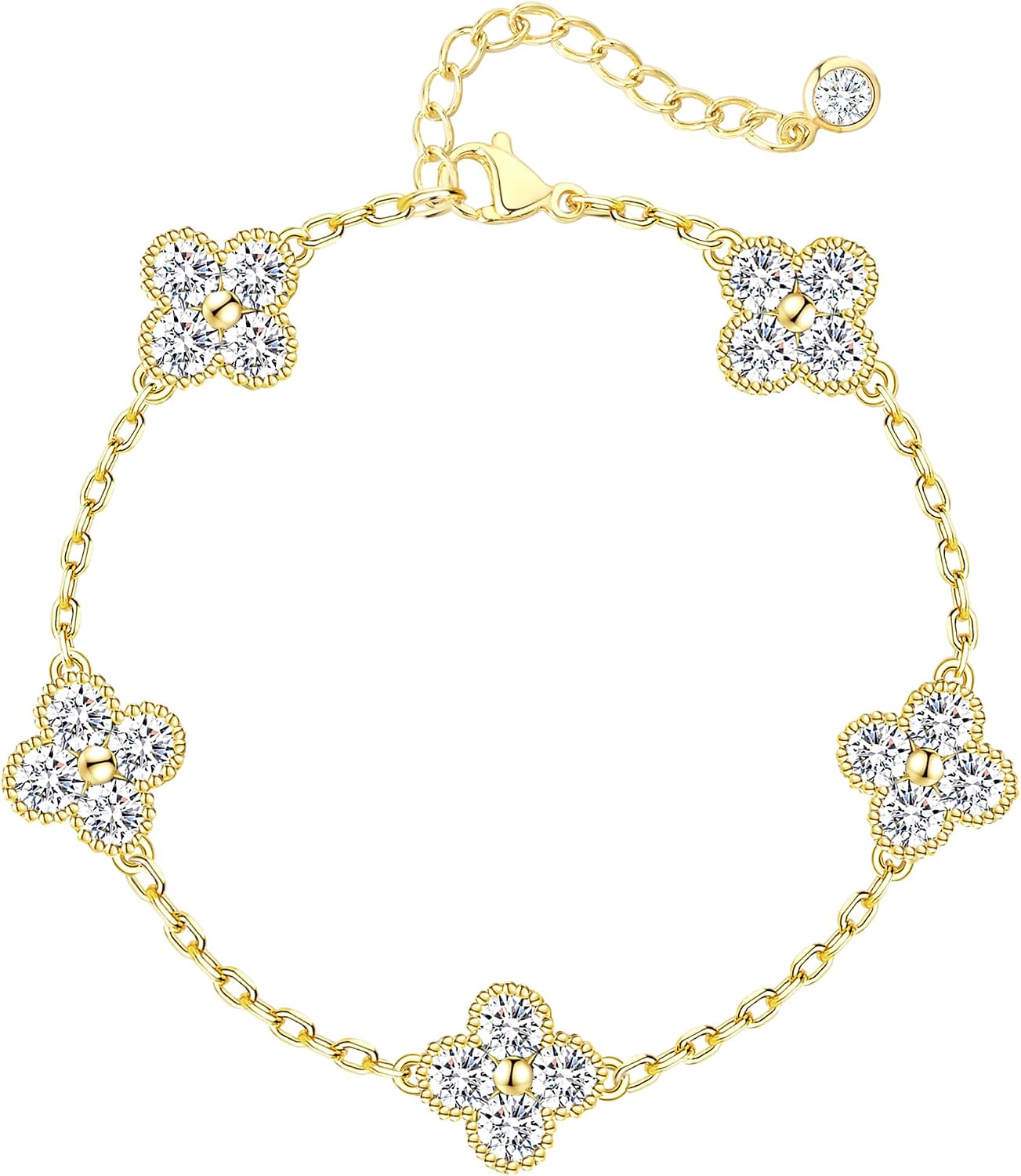 Honsny Gold Birthstone Clover Bracelets for Women Trendy Non Tarnish 14K Gold Plated Dainty Diamond Charm Stackable Bracelets for Women Waterproof Jewelry for Women Best Friend Mothers Day Gift
