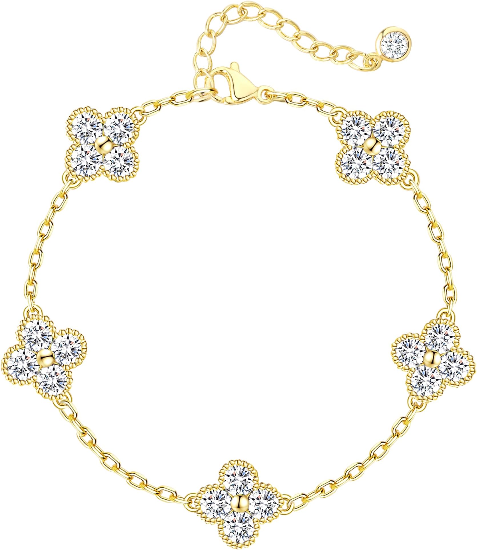 Gold Birthstone Clover Bracelets for Women Trendy Non Tarnish 14K Gold Plated Dainty Diamond Charm Stackable Bracelets for Women Waterproof Jewelry for Women Best Friend Birthday Gift