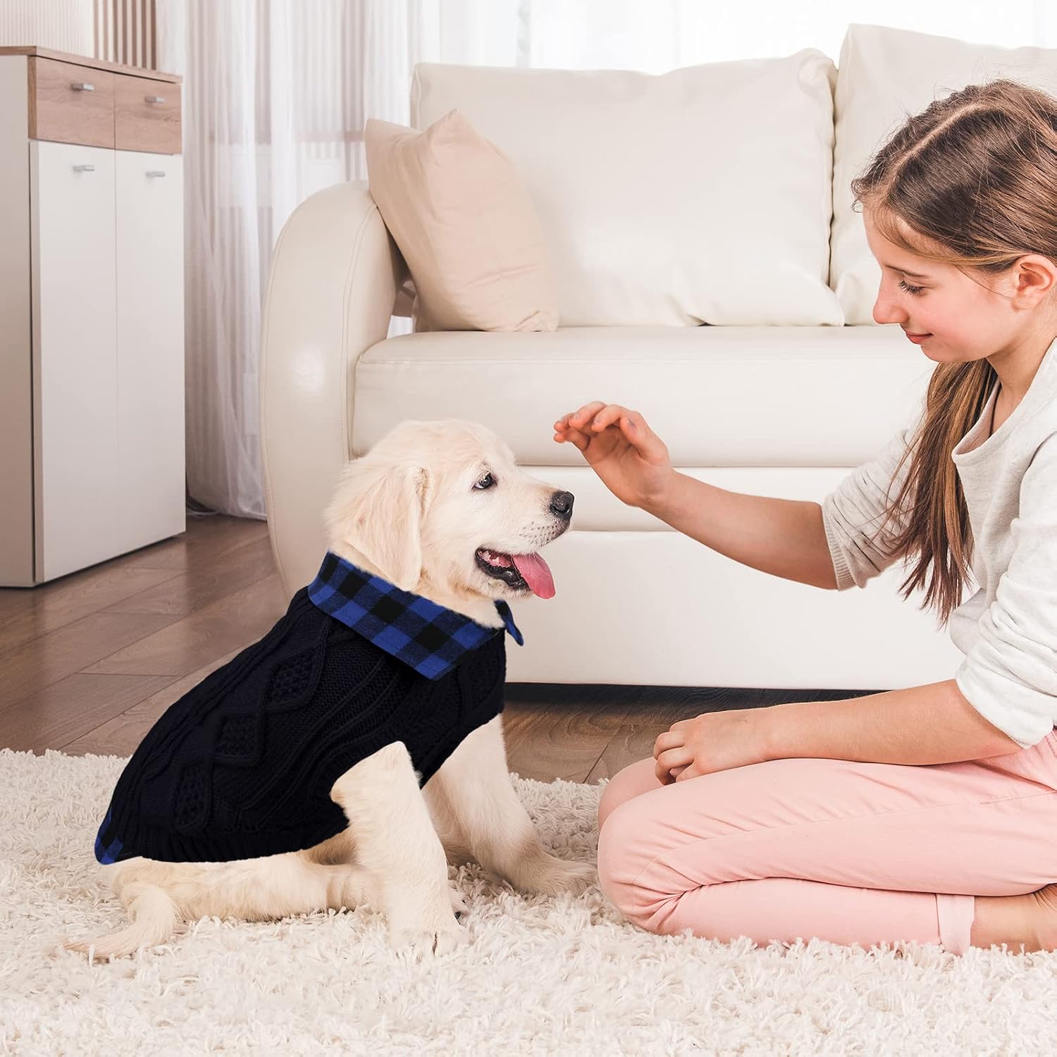 Pedgot 2 Pieces Dog Sweater Turtleneck Knitted Plaid Patchwork Dog Sweater Warm Pet Winter Clothes Classic Cable Knit Sweater for Medium Dogs (Black, Navy Blue, M)