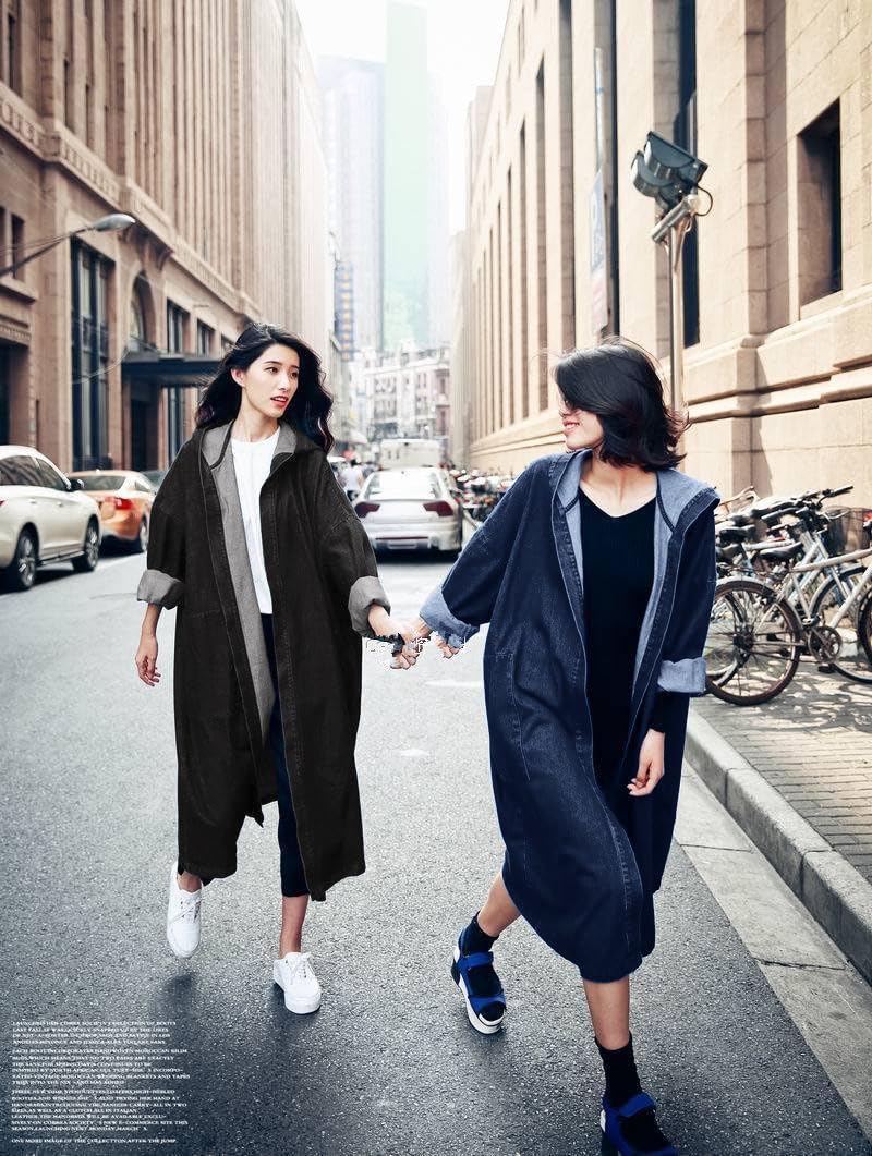 chouyatou Women's Casual Hooded Denim Jacket Open Front Loose Fit Boyfriend Jean Long Trench Coat with Hood - Image 3