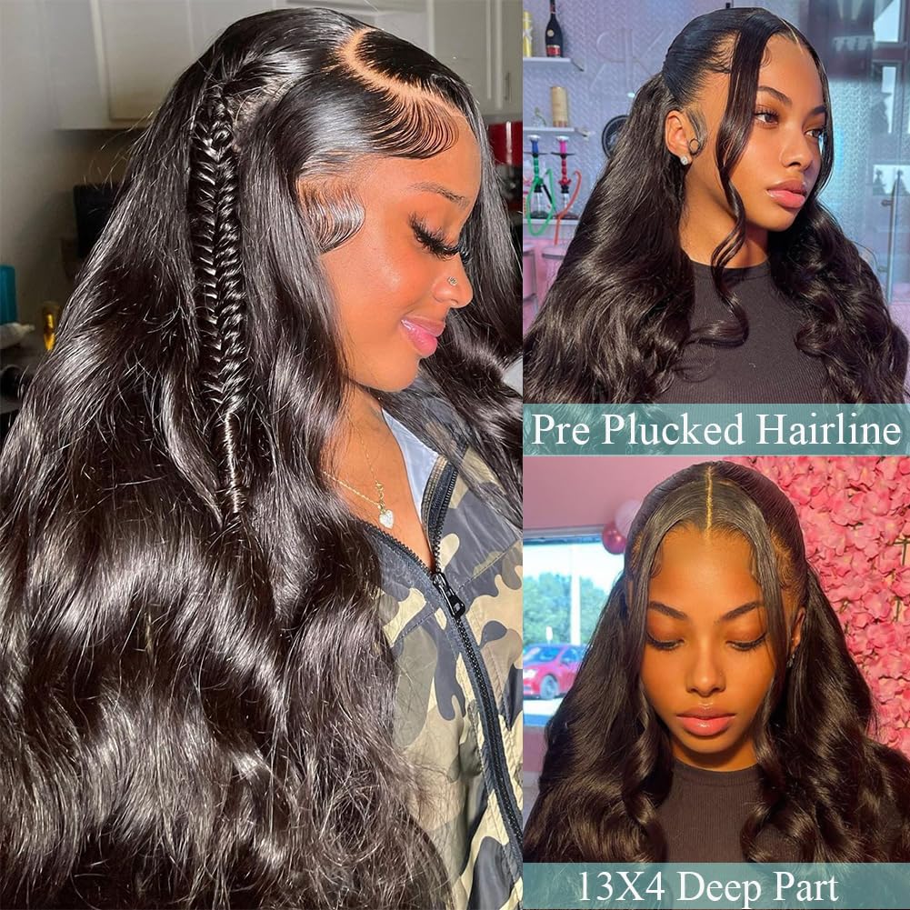 30 Inch Lace Front Wigs Human Hair Pre Plucked with Baby Hair Body Wave 13x4 Transparent Lace Front Wigs for Black Women Glueless Wigs Unprocessed Brazilian Virgin Human Hair Natural Black