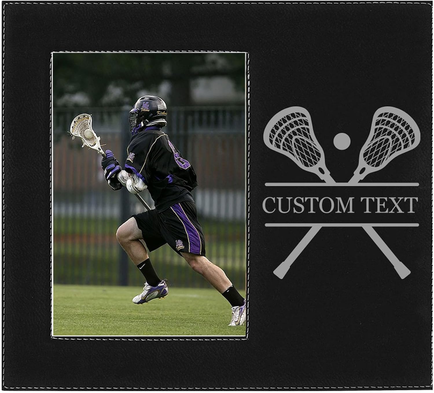 Add Your Name Crossed Lax Lacrosse Sticks Faux Leather Black Leatherette Personalized Group Picture Family 5x7 Custom Landscape Horizontal Kid's Photo Customized Frame