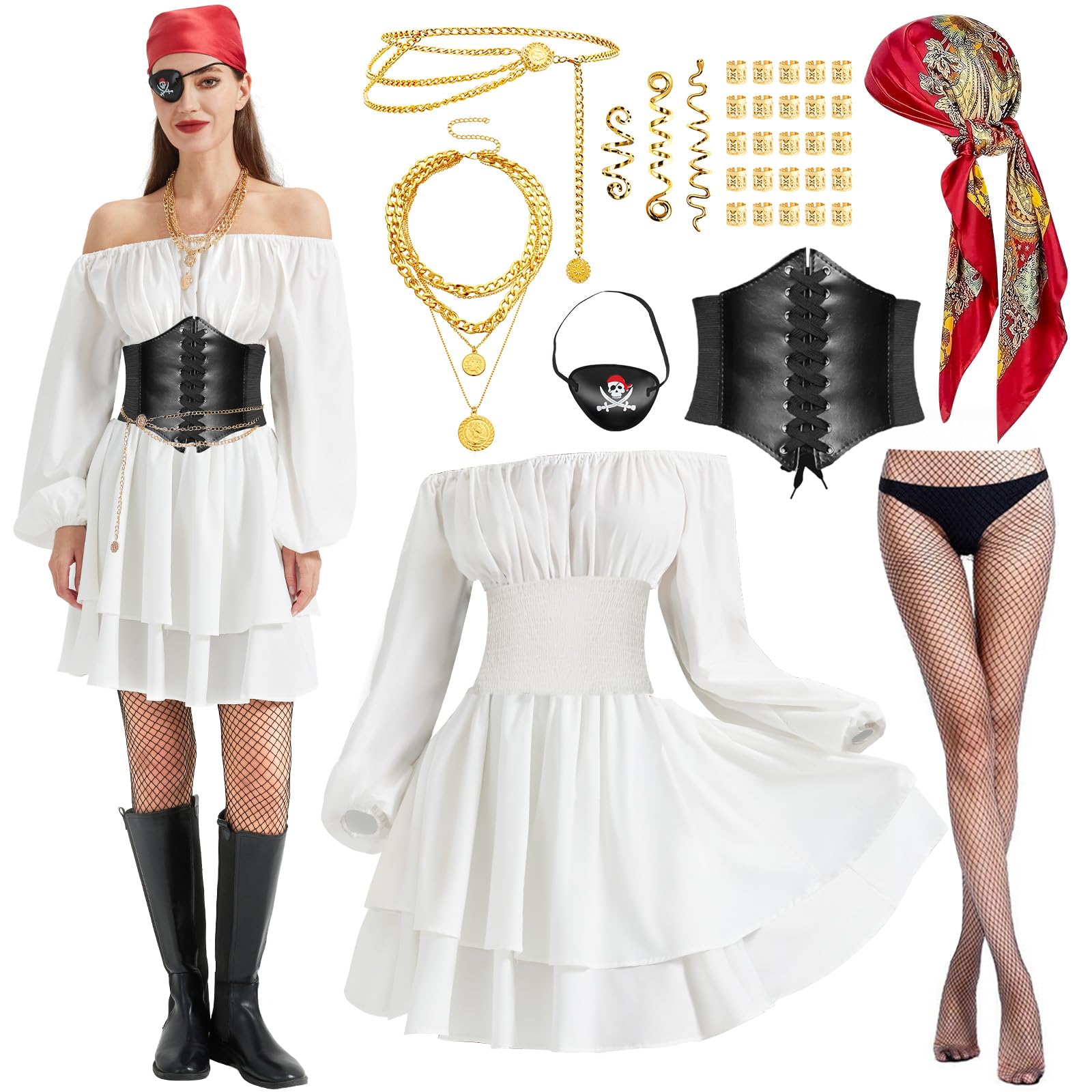 Joellfuner Disfraz Pirata Mujer, Vestido Blanco Pirata, Disfraz de Piratas Mujer con Corset, Bandana, Collares y Cadenas de Cintura, Accesorio para el Pelo para Carnaval Halloween Cosplay