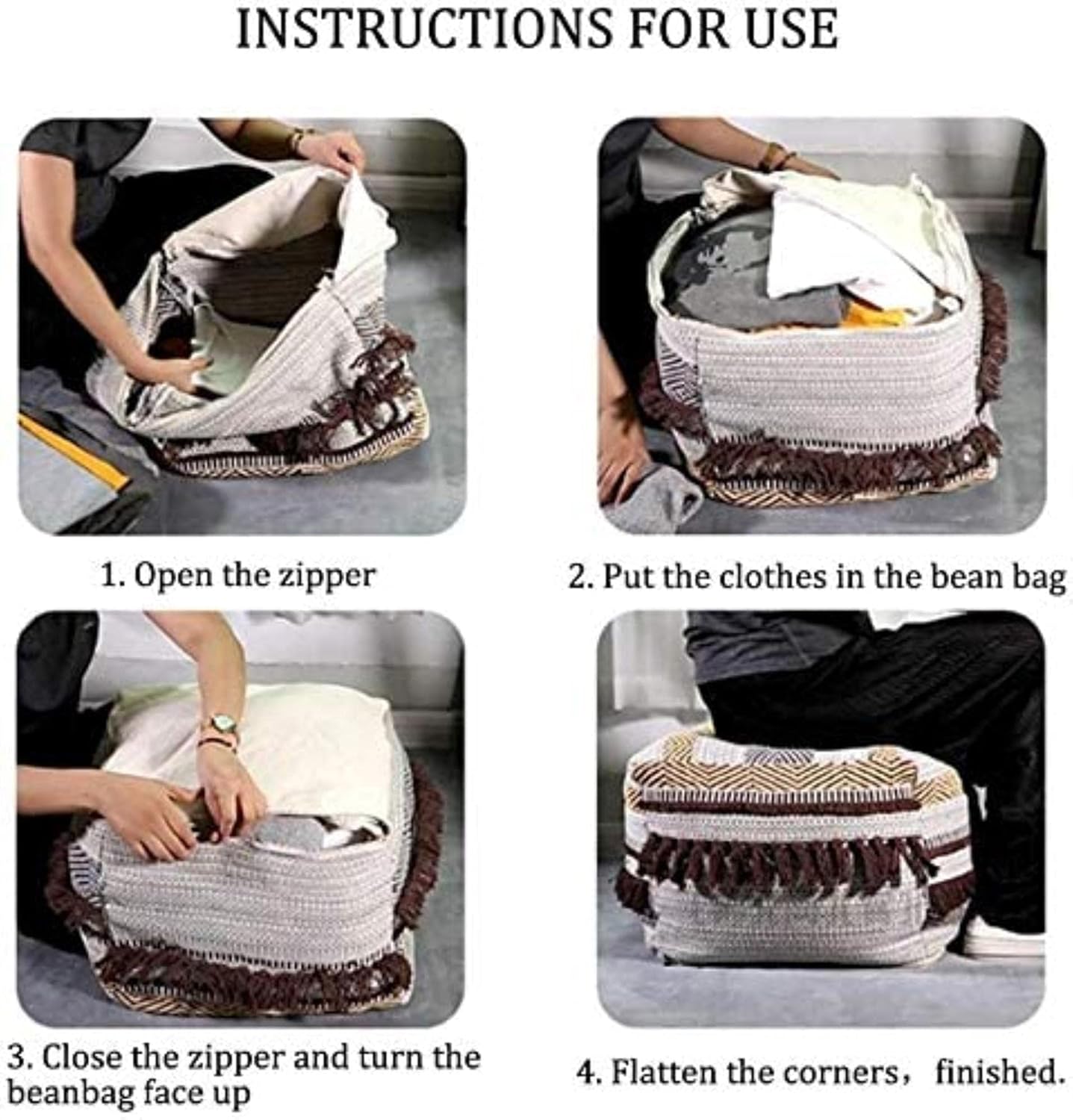 Upholstered Footstool Linen Cube Bean Bag Cover,Storage Foot Stool Ottoman,Floor Cushion with Tassel,Indoor Outdoor Pouffe Foot Rest