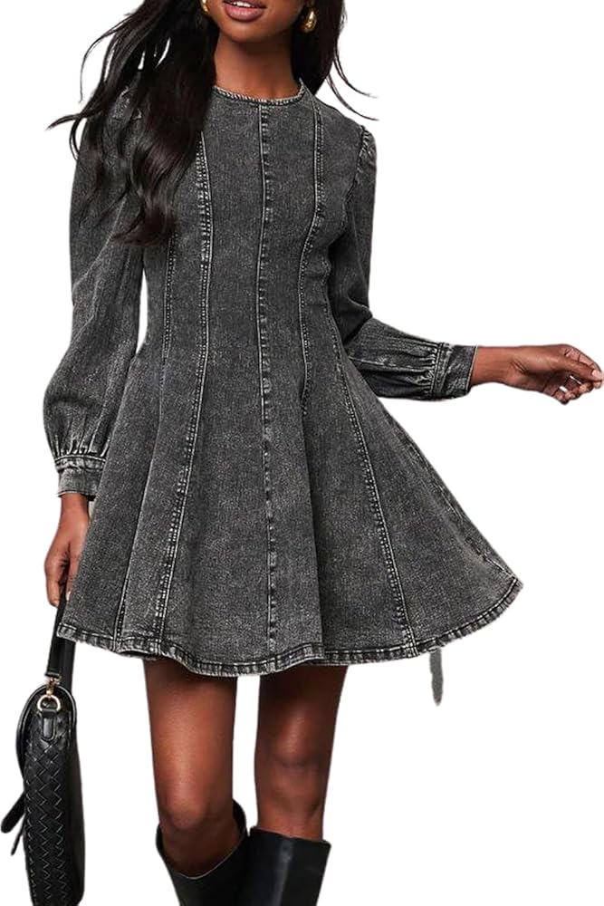 yoeasy Women's Denim Dress Long Sleeve Crewneck A Line Swing Ruffle Casual  Mini Babydoll Jean Dresses (X-Small, Black) at Amazon Women's Clothing store