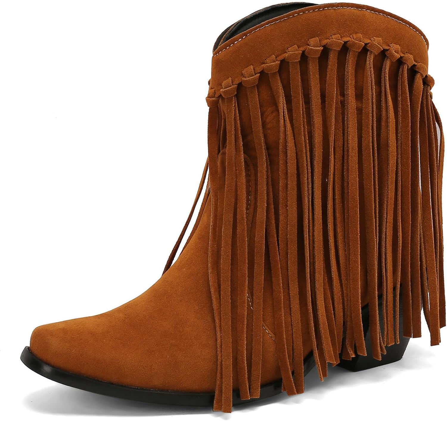 KiutSymo Cowboy Boots for Women Ankle Western Fringe Booties Chunky Block Heel Square Toe Pull On Wide Calf Tassel Short Cowgirl Ankle Boots