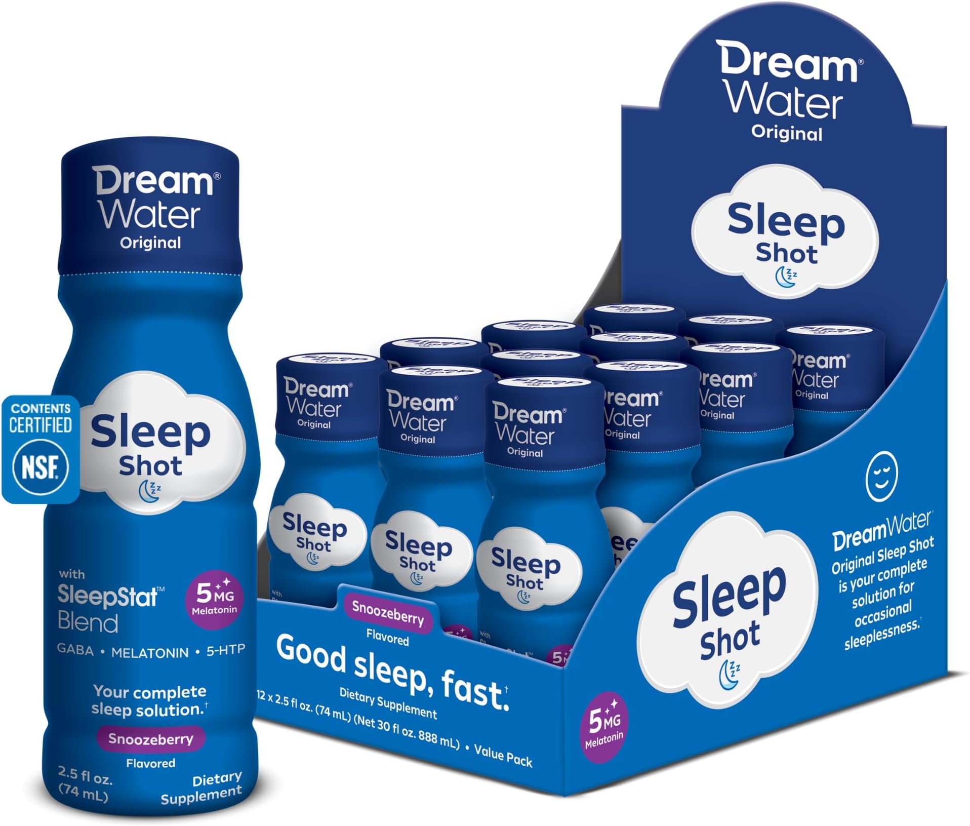 Sleep Shots (12 Count) Sleep Aids for Adults - 5mg Melatonin, GABA, 5-HTP - Natural Snoozeberry Flavor (Blue Raspberry) - Liquid Melatonin Supplement - Zero Sugar & Gluten Free - 2.5 oz