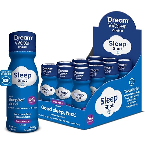 Dream Water Sleep Shots (12 Count) Sleep Aids for Adults - 5mg Melatonin, GABA, 5-HTP - Natural Snoozeberry Flavor (Blue Raspberry) - Liquid Melatonin Supplement - Zero Sugar & Gluten Free - 2.5 oz
