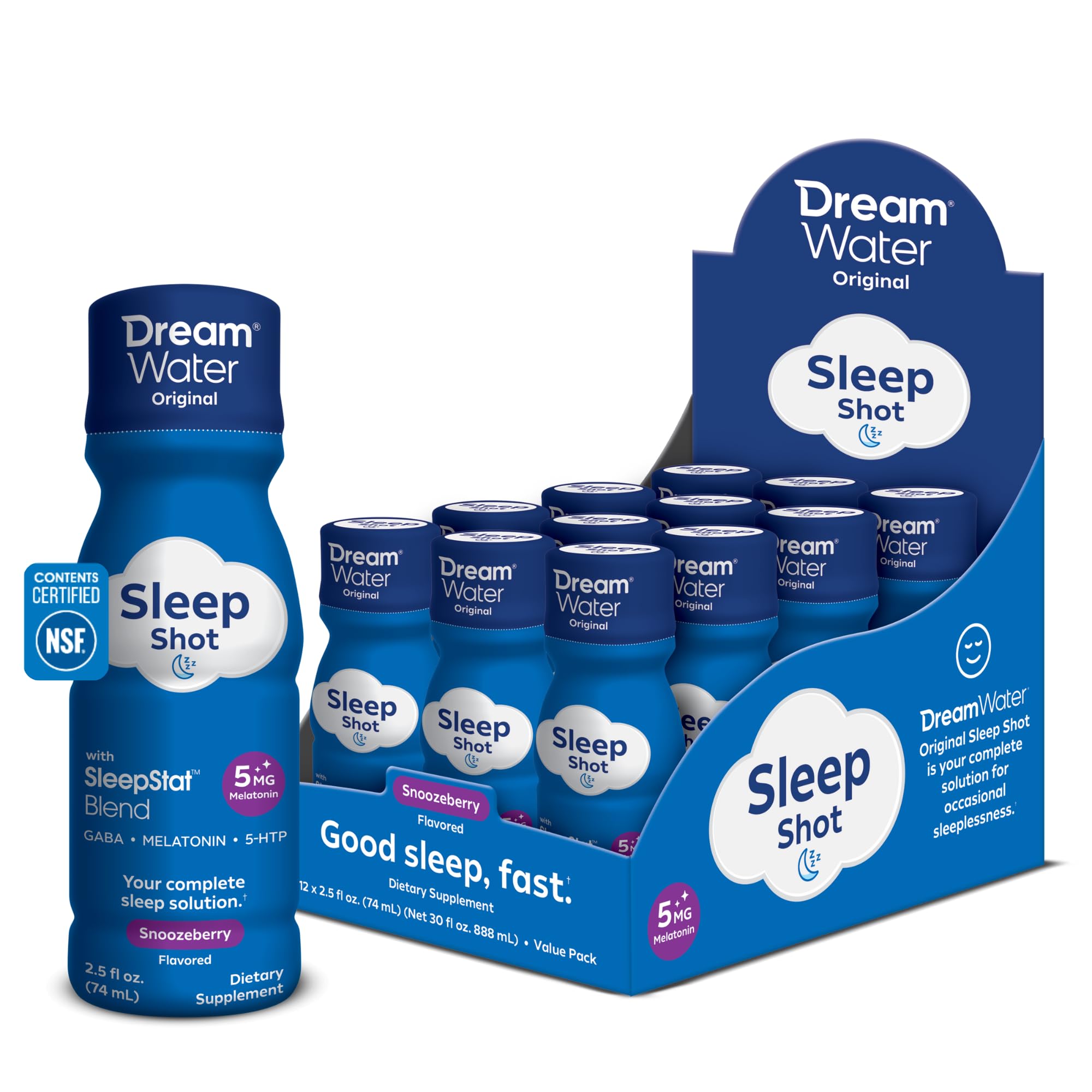 Dream Water Gaba 5-HTP Melatonin Snoozeberry Flavor Sleep Shot Supplement 12 x 74 ml
