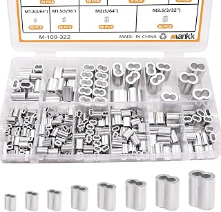 mankk 322 Pcs Aluminum Crimping Loop Sleeve 8 Sizes (3/64'' 1/16'' 5/64'' 3/32'' 1/8'' 5/32'' 3/16'' 1/4'') Wire Rope Sleeves Double Cable Ferrules Kit M-109-322