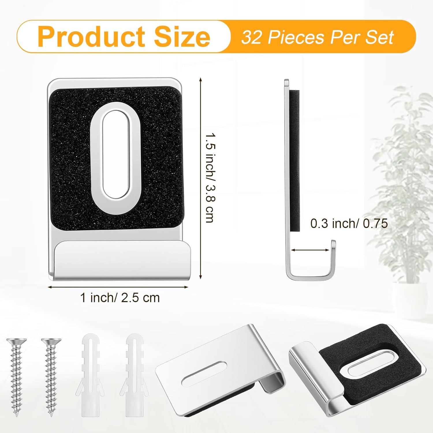 32 Pcs Metal Mirror Holder Kit, J Type Hanger Clip Kit with Screws Rubber Pads Heavy Duty Mirror Holder Clips for Frameless Mounting Wall Tile Billboard Display (1.5" x 1", Silver)