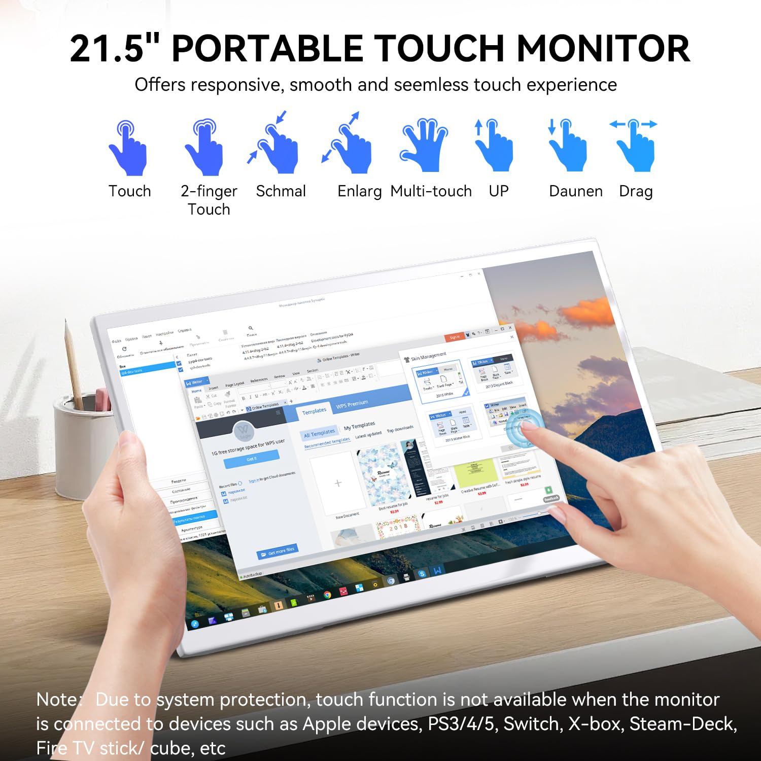 Monitor Touchscreen, 21.5 Pollici Schermo Computer 1080p con Supporto VESA | Portatile Display PC, 75 Hz, DC, HDMI e USB-C per Smartphone e Telefoni