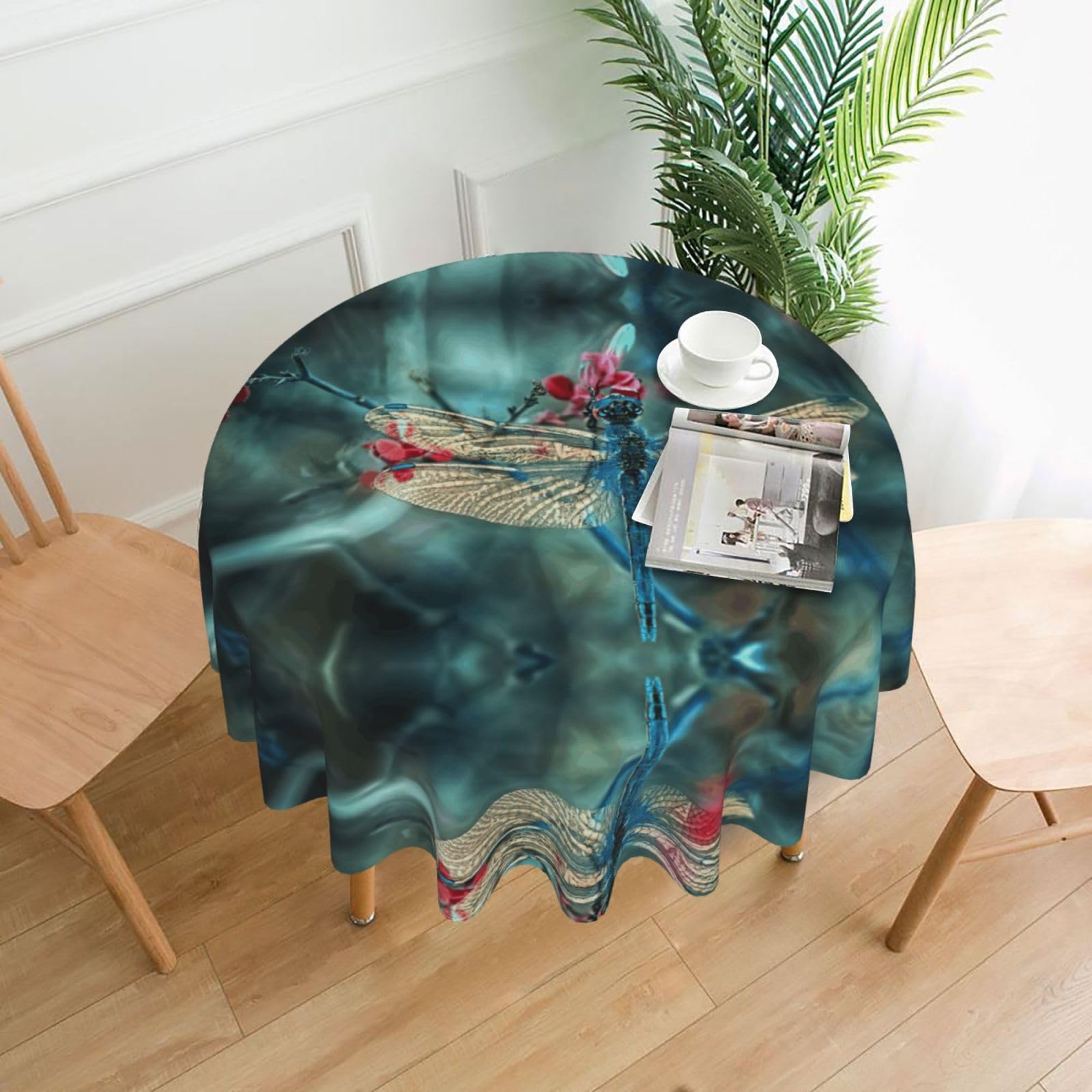 Zcmkjlg Dragonfly On The Flower Print Quick Ship Round Tablecloth 60in Polyester Washable Cover for Dining Room