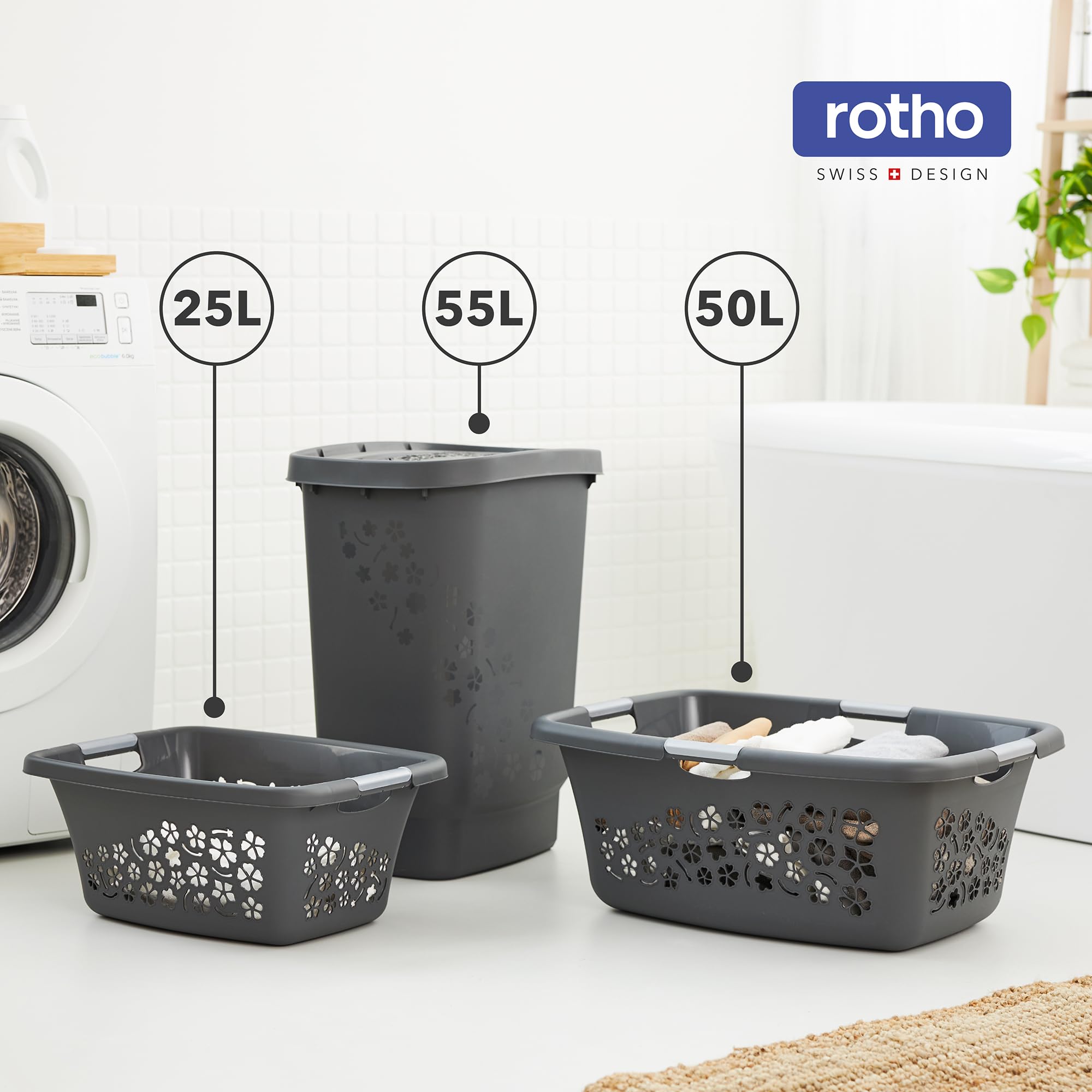 Rotho Flowers 3er-Set Wäschekorb 50l | mit Belüftungslöchern | mit 4 Griffen für bequemes Tragen | robust & langlebig | einfach zu reinigen & hygienisch | anthrazit