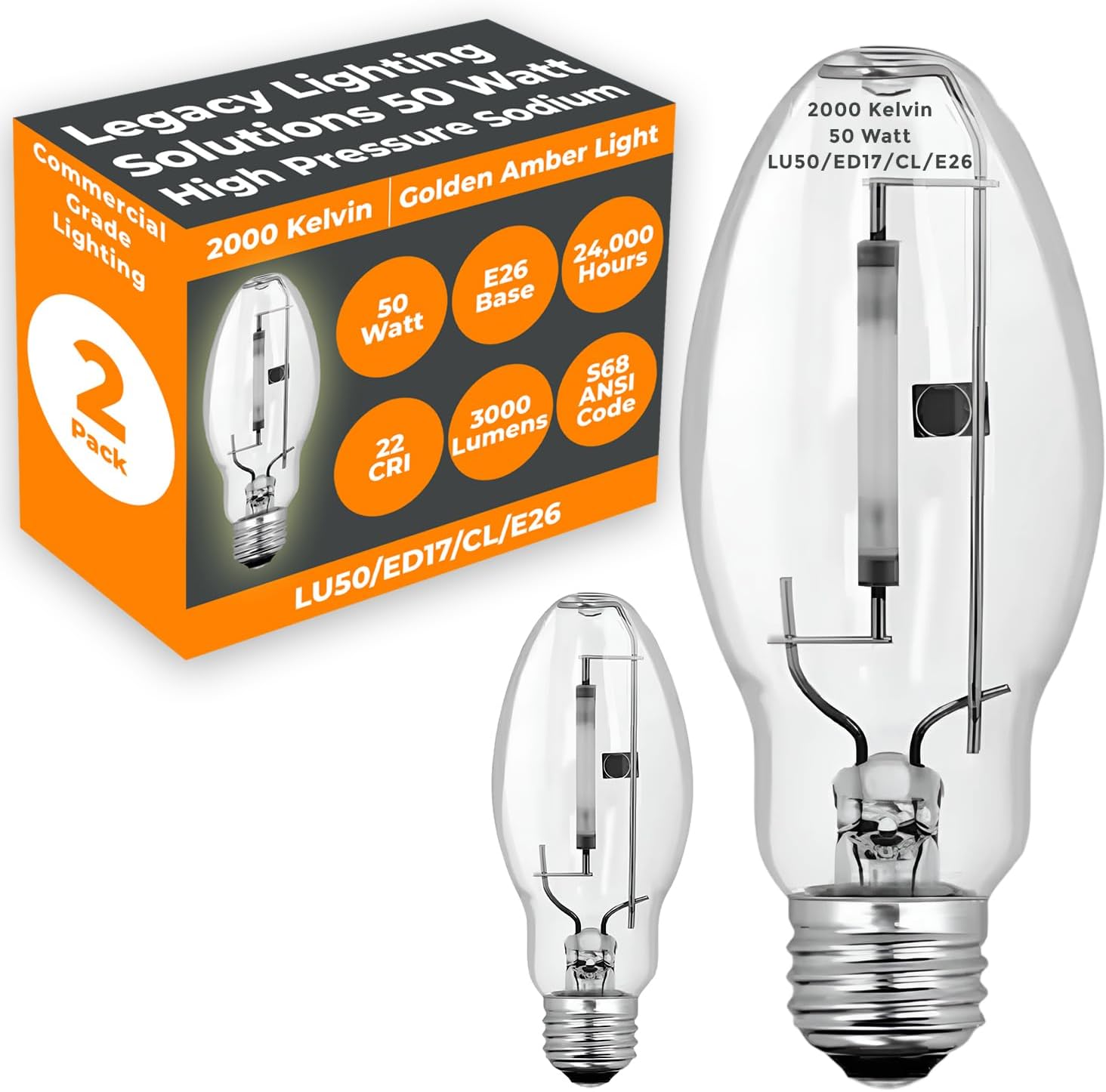 GoodBulb 50-Watt High Pressure Sodium HID Light Bulb E26 Medium Base ED17 ANSI Code S68 High Output HID Light 2000K Warm White Clear Finish 24000 Life Hours (Pack of 2)