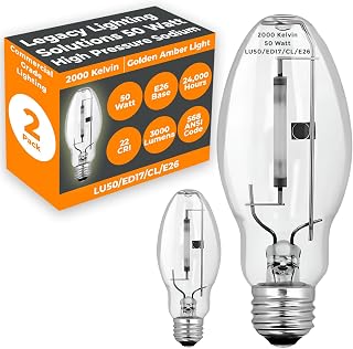 GoodBulb 50-Watt High Pressure Sodium HID Light Bulb E26 Medium Base ED17 ANSI Code S68 High Output HID Light 2000K Warm White Clear Finish 24000 Life Hours (Pack of 2)